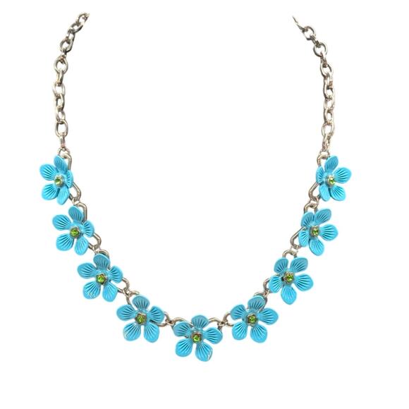 Nine Blue Metal Green Crystal Flowers on Silver Tone Chain 18"-21" Necklace - Picture 7 of 7